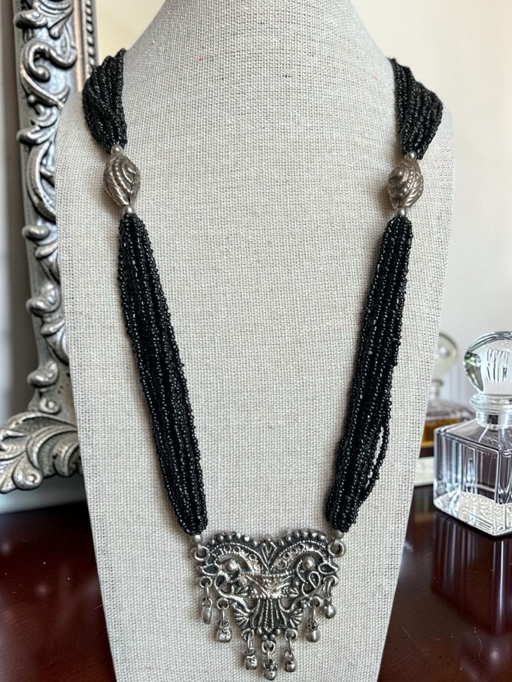 Vintage Black Seed Bead Necklace with Silver Dangle Pendant